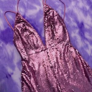 If by sea pink sequin backless jumpsuit with plunge neck